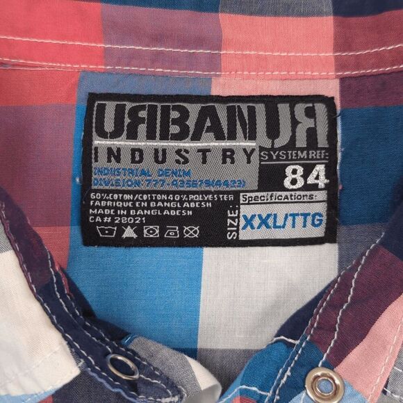 Urban Industry Men XXL Checkered Red Blue Short Sleeve Casual Button Down Shirt - Picture 6 of 8